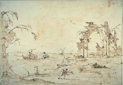 Capriccio met een storm op de lagune door Francesco Guardi