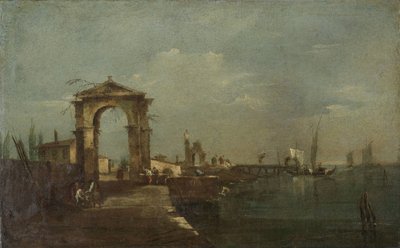 Landschap met een kade en schepen op een meer door Francesco Guardi