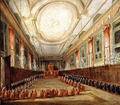 Paus Pius VI (1717-99) en Doge Paolo Renier in de kerk van SS. Giovanni en Paolo door Francesco Guardi