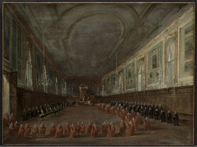Paus Pius VI daalt van de troon om afscheid te nemen van de Doge in de hal door Francesco Guardi