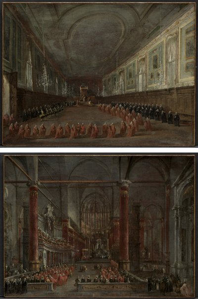 Paus Pius VI Daalt de Troon af om Afscheid te Nemen van de Doge in de Hal van SS. Giovanni e Paolo, 1782 en Pontificale Ceremonie in SS. Giovanni e Paolo, Venetië, 1782 (paar) door Francesco Guardi