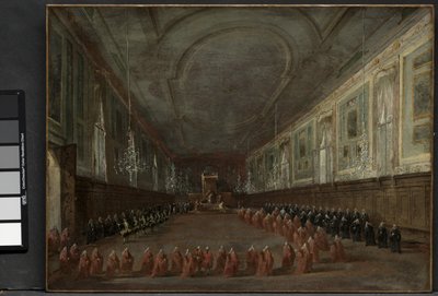 Paus Pius VI daalt de troon af om afscheid te nemen van de doge in de zaal van SS. Giovanni e Paolo, 1782 en Pontificale ceremonie in SS. Giovanni e Paolo, Venetië, 1782, ca. 1783 door Francesco Guardi