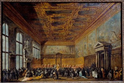 Het publiek ontvangen door de Doge van Venetië in de Collegezaal van het Dogenpaleis van Venetië door Francesco Guardi