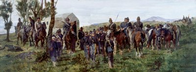 Episode uit de slag bij Custoza: De gewonde Prins Amedeo wordt naar een ambulance begeleid door Francesco Hayez