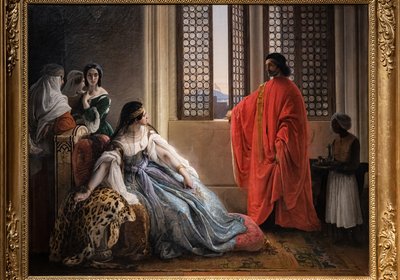 Giorgio Cornaro, gestuurd naar Cyprus door de Republiek Venetië, informeert Koningin Caterina Cornaro, een van zijn familieleden, dat zij niet langer eigenaar is van haar heerschappij terwijl de Leeuwenstandaard op het eilandfort wappert door Francesco Hayez