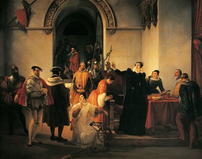Mary Queen of Scots protesteert haar onschuld voor sheriffs terwijl haar doodvonnis wordt voorgelezen door Francesco Hayez