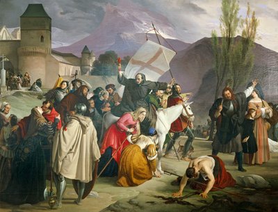 Peter de Kluizenaar op witte muilezel met kruisbeeld in zijn hand, predikend over de Kruistocht door Francesco Hayez