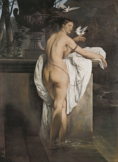 Portret van ballerina Carlotta Chabert die met duiven speelt door Francesco Hayez