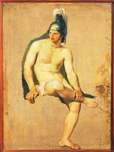 Studie van naakte krijger zittend met helm op zijn hoofd door Francesco Hayez