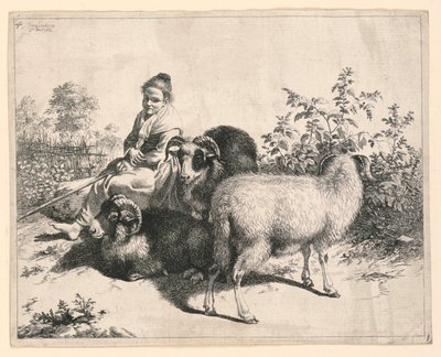 Een jonge herderin die over schapen waakt door Francesco Londonio
