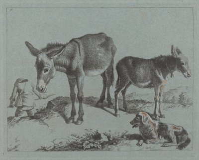 Ezel met haar veulen, een hond en een boer door Francesco Londonio