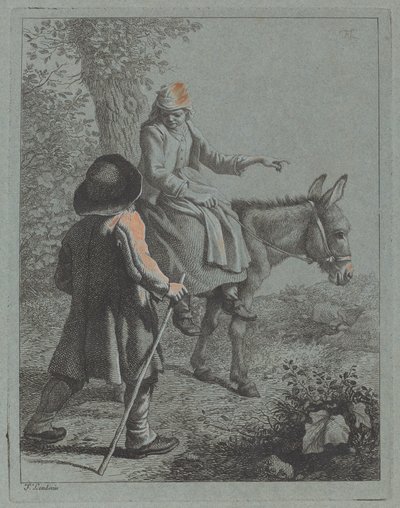 Boerin zittend op een ezel en een boer door Francesco Londonio