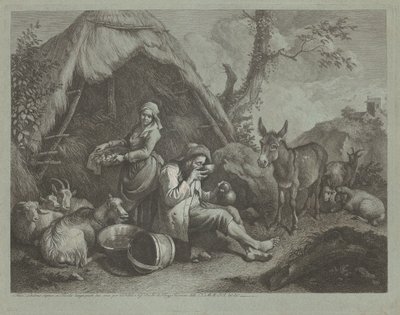 Zittende oude man en vrouw met een mand eieren, 1759-1782 door Francesco Londonio