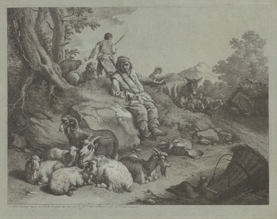 Zittende herder voor een kudde geiten, na 1766 door Francesco Londonio