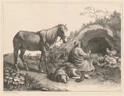 Zittende herder met paard, hond, geiten en schapen, na 1776 door Francesco Londonio
