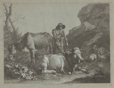 Herder Rustend op een Wandelstok met een Oud Paard en een Liggende Stier door Francesco Londonio