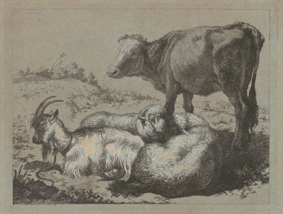 Staande os, twee schapen en een geit door Francesco Londonio