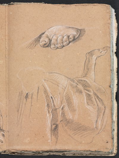 Verona schetsboek: Studie van een linkervoet en draperiestudie met rechterarm pagina 79, 1760 door Francesco Lorenzi