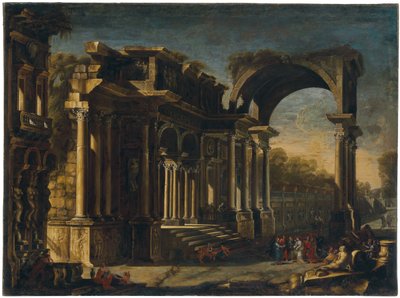Capriccio met Romeinse ruïnes en Christus met de overspelige vrouw door Francesco Maglioli