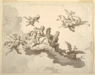 Tekening, Ontwerp voor een geschilderd plafond: Triomf van zachtmoedigheid en kracht, ca. 1780 door Francesco Manno