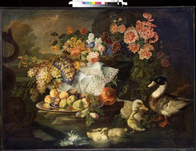 Stilleven met bloemen en eend door Francesco Morosini