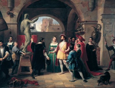 De koning van Frankrijk Frans I (1494-1547) bezoekt het atelier van Buenvenuto Cellini (1500-1571) in Rome. De schilder presenteert de koning een beeldhouwwerk van Sint Jan de Evangelist door Francesco Podesti