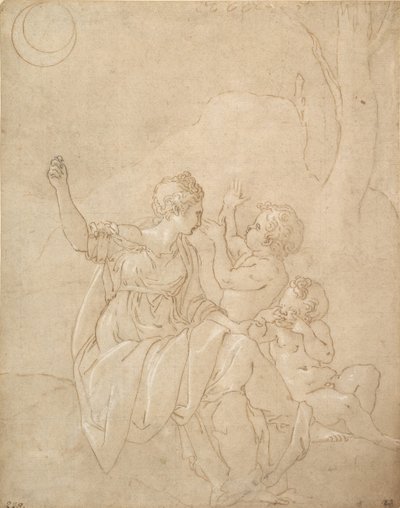 Klassieke Vrouwelijke Figuur Diana of Venus met Twee Kinderen, ca. 1539-42 door Francesco Primaticcio