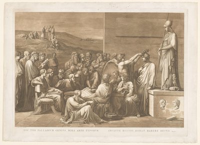 Allegorische verheerlijking van de boekdrukker Giovanni Battista Bodoni (Hoc tibi palladium genius, mira arte typorum / inclyte Bodoni, donat habere decus) door Francesco Rosaspina