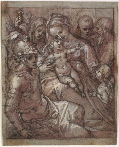 Maagd Maria en het Kind Jezus met Johannes de Doper als jongen, Bernardino van Siena (?), Catharina van Siena, aartsengel Michaël en een bebaarde heilige door Francesco Rustici