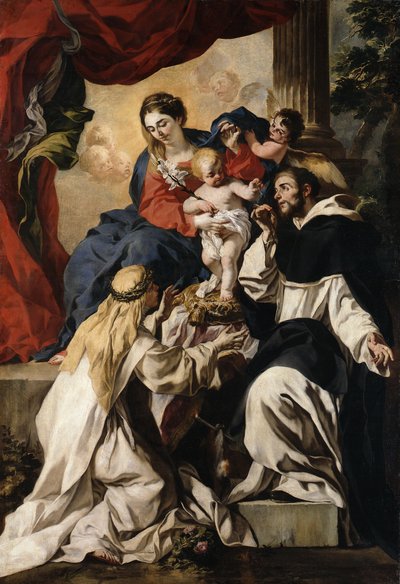 De tronende Maria met het Kind, de heilige Dominicus en de heilige Catharina van Siena (Rozenkransmadonna) door Francesco Solimena