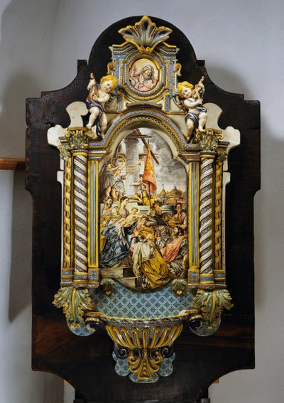 Grote wijwaterbak in beschilderde majolica met centrale scène uit schilderij Aanbidding der Wijzen door Francesco Solimena (1657-1747), Italië, 20e eeuw door Francesco Solimena
