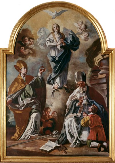 De duif van de Heilige Geest verschijnt boven de Maagd met heiligen door Francesco Solimena