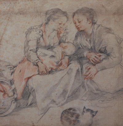 Twee vrouwen en een baby met een kat door Francesco Vanni