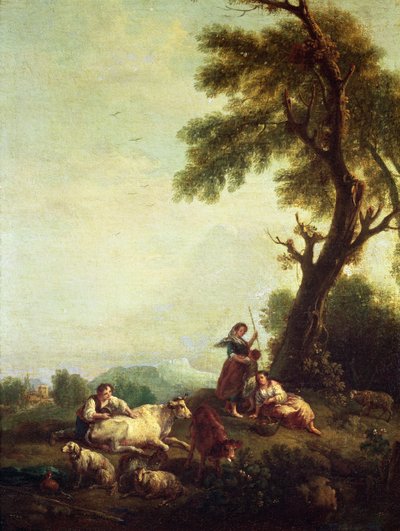 Landschap met boeren die een kudde vee bekijken door Francesco Zuccarelli