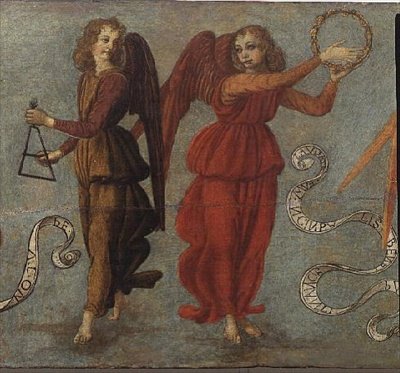 Engelen die tamboerijn en driehoek spelen (detail) door Francesco attr. to Botticini