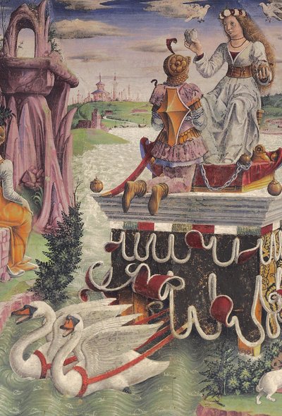 Triomf van Venus en teken van Stier, scènes uit de maand april, oostmuur, Hal van de Maanden, Palazzo Schifanoia, Ferrara, Emilia-Romagna, Italië, circa 1470 (fresco) (detail) door Francesco del Cossa