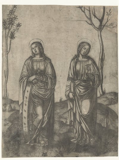 Heiligen Catharina met gebroken wiel en Lucia met ogen op schaaltje door Francesco di Francia (attributed to)