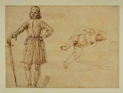 Een zittend kind;staande man met een zwaard ... door Francesco di Simone (attr. to)