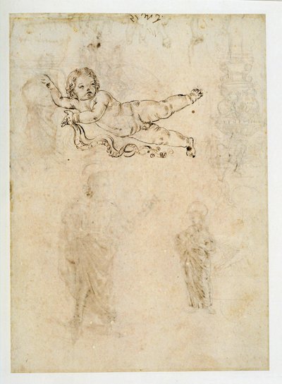 Studie van een kind;een gebeeldhouwd ornament;een harpij ... door Francesco di Simone (attr. to)