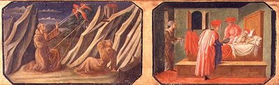 St. Franciscus van Assisi ontvangt de stigmata, SS. Cosmas en Damian genezen een zieke man; kopieën van originele panelen die deel uitmaken van de predella van de Madonna en Kind op de Troon door Filippo Lippi door Francesco di Stefano Pesellino