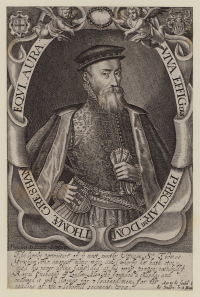 Sir Thomas Gresham, Engelse koopman en financier, oprichter van de Royal Exchange (gravure) door Francis (after) Delaram