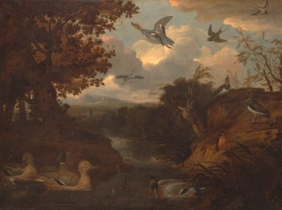 Eenden en andere vogels bij een stroom in een Italiaans landschap door Francis Barlow