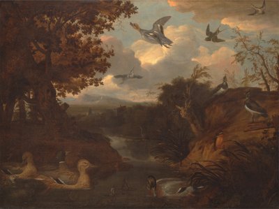 Eenden en andere vogels bij een beekje in een Italianiserend landschap door Francis Barlow