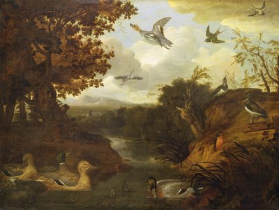 Eenden en andere vogels bij een stroom in een Italiaans landschap door Francis Barlow