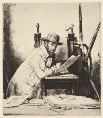 Portret van Muirhead Bone leunend op een etspers door Francis Dodd