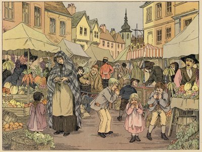 Bedfords winkelboek: Fruitkramen (kleurenlitho) door Francis Donkin Bedford