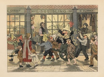 Vuurwerkwinkel - Victoriaanse kinderen trekken een Guy in een kar op Guy Fawkes-avond voor de vuurwerkwinkel van L. Squibling. Chromolithografie naar een illustratie van Francis Donkin Bedford uit The Book of Shops van Edward Verrall Lucas. door Francis Donkin Bedford