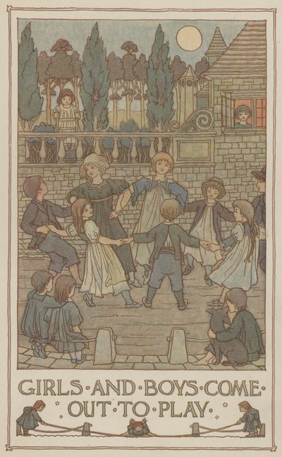 Meisjes en jongens komen spelen (kleurenlitho) door Francis Donkin Bedford