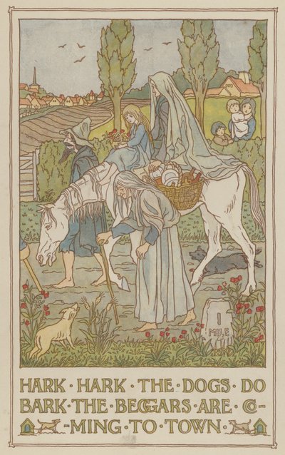 Hark hark de honden blaffen de bedelaars komen naar de stad (kleurenlitho) door Francis Donkin Bedford