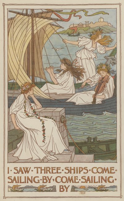 Ik zag drie schepen voorbij varen, voorbij varen (kleurenlitho) door Francis Donkin Bedford